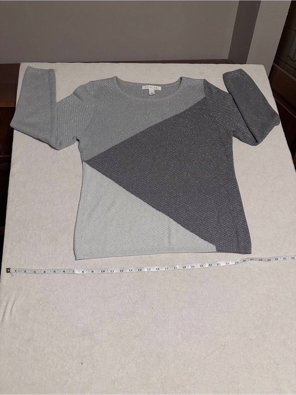 Two-Tone Silver and Gray Knit Crewneck Sweater - Women's